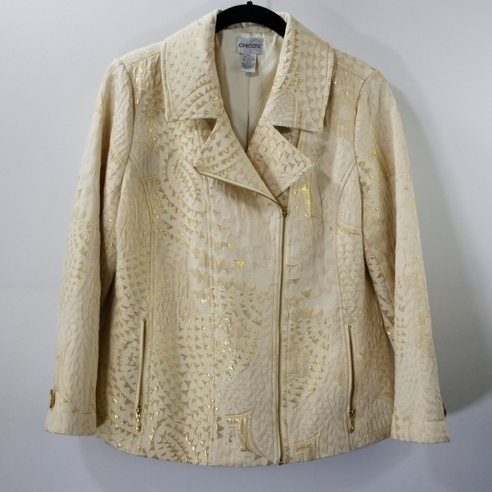 Chico's Off White Metallic Printed Zip Up Jacket 1